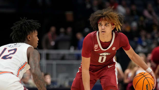 Arkansas Razorbacks guard Anthony Black (0) could be the next first round pick by the Washington Wizards.
